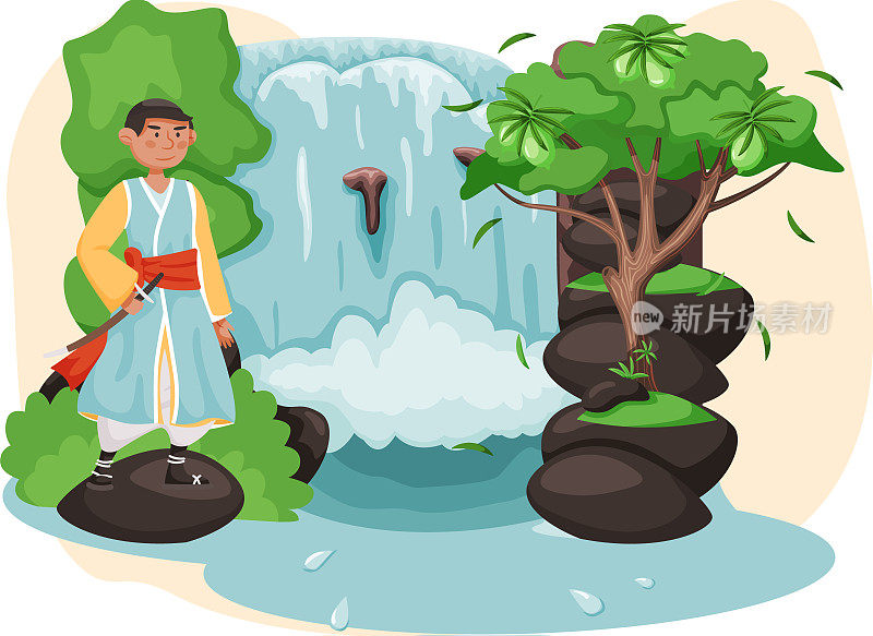 穿着民族服装的亚洲男子站在瀑布旁边的山景与水