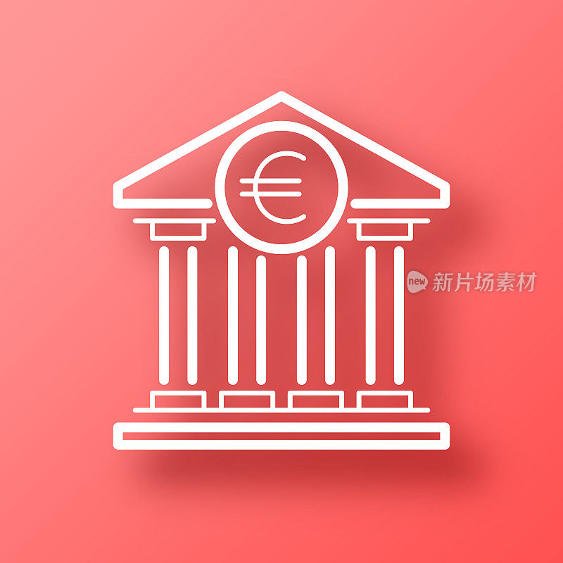 有欧元标志的银行。图标在红色背景与阴影