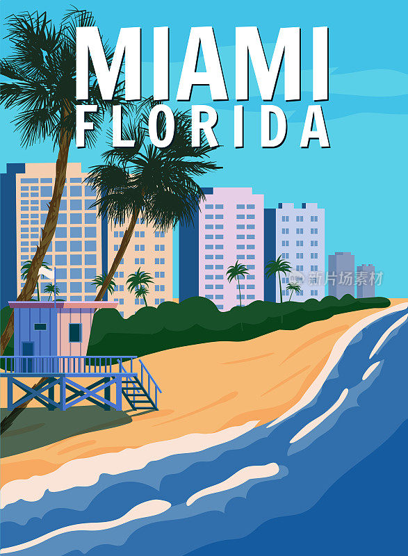 迈阿密海滩城市天际线，复古海报。海岸，冲浪，海洋。矢量插图