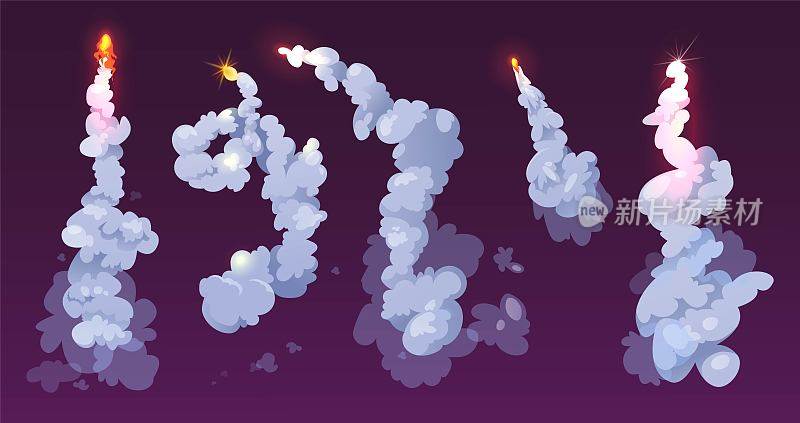 火箭起飞的烟雾痕迹。喷射火焰的飞机或宇宙飞船。卡通矢量插图。