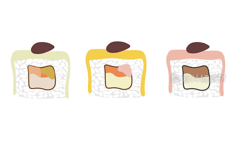 矢量图标集美味的彩色寿司卷。不同口味和种类的集合。