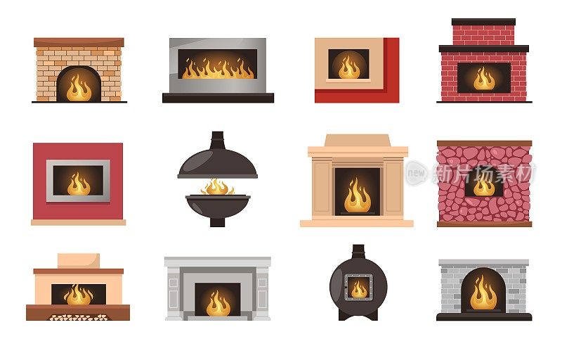 壁炉。温馨舒适的房子内部装饰炉用柴火烧火，家居舒适休闲区用砖石石膏做成