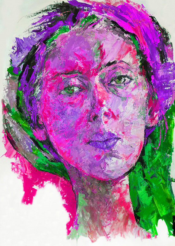 插图油画乌克兰妇女的肖像在一个头饰披肩覆盖的头发在背景上的绿色色调