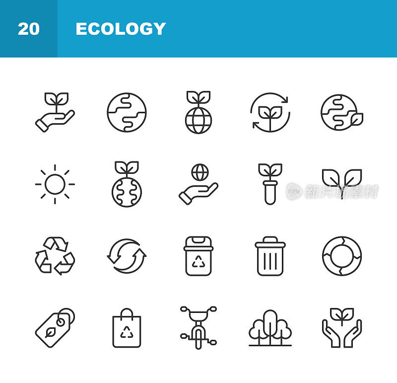 生态线图标。可编辑的中风。像素完美。移动和网络。包含农业，慈善，气候，捐赠，地球，电动汽车，能源，环境，花，全球变暖，树叶，自然，植物，回收，太阳能等图标。