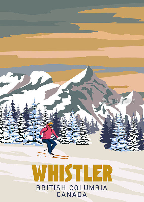旅游海报惠斯勒滑雪场复古。加拿大、不列颠哥伦比亚省冬季风景旅游卡