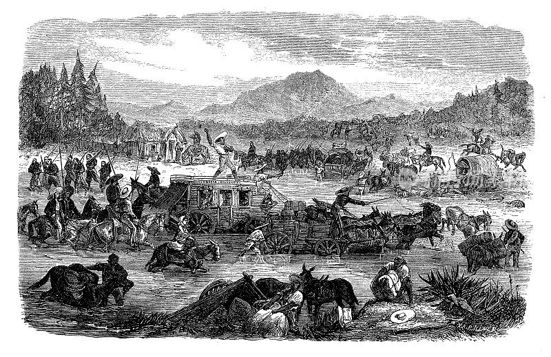 19世纪，墨西哥韦拉克鲁斯州往返城市港口的沉重邮车