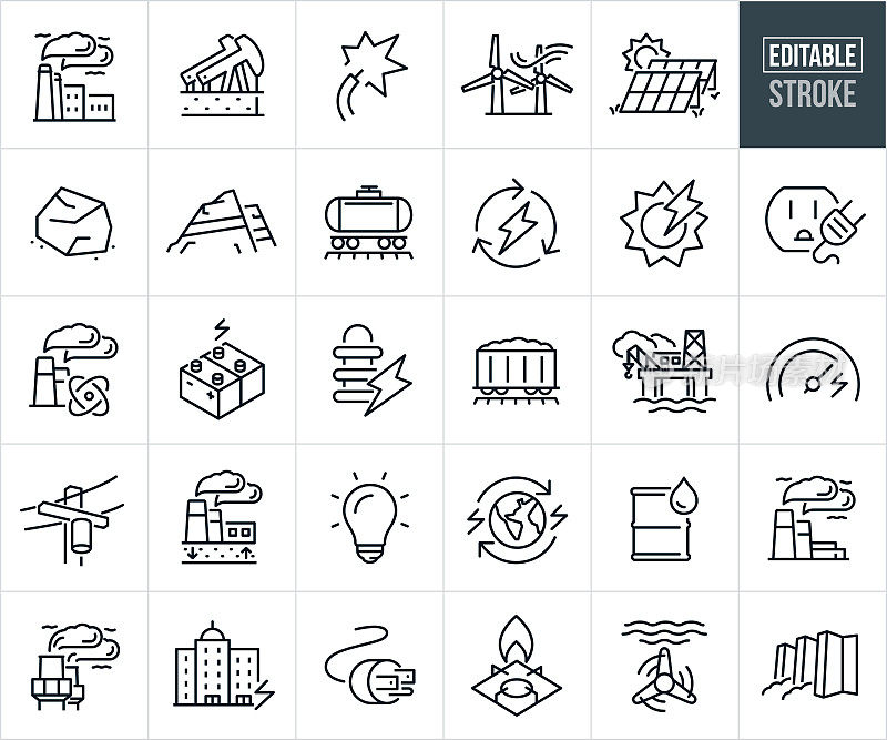 燃料和发电细线图标-可编辑的笔画-图标包括发电站，电力，风能，太阳能电池板，煤炭，化石燃料，石油，地热站，核电站