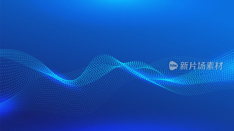 深蓝色抽象背景上的动态蓝色粒子波。抽象声音可视化。发光粒子波流的数字结构。