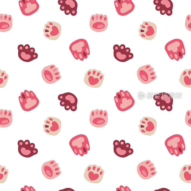猫爪图案，小猫和狗心。可爱重复的动物标志，小猫爪子，印花布宠物标志。装饰纺织品，包装纸，壁纸。喵字手。矢量无缝背景