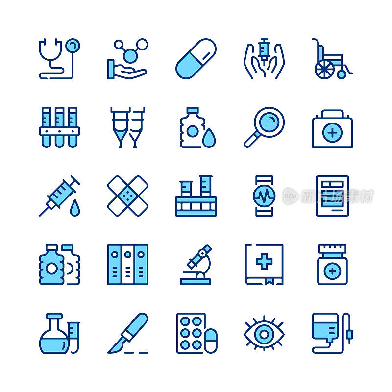 医疗工具行图标。医疗工具图标集。蓝色的颜色。勾勒出笔画符号。矢量线图标集