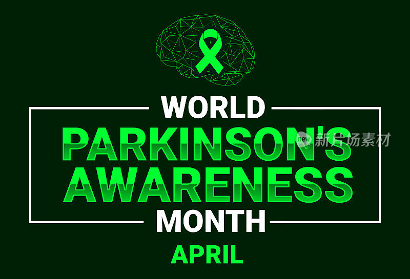 世界帕金森氏症宣传月壁纸带和大脑线框。帕金森意识背景设计