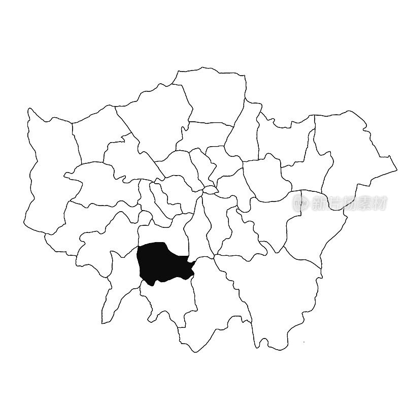白色背景的大伦敦省默顿地图。英格兰大伦敦行政地图上以黑色突出显示的单个郡地图。