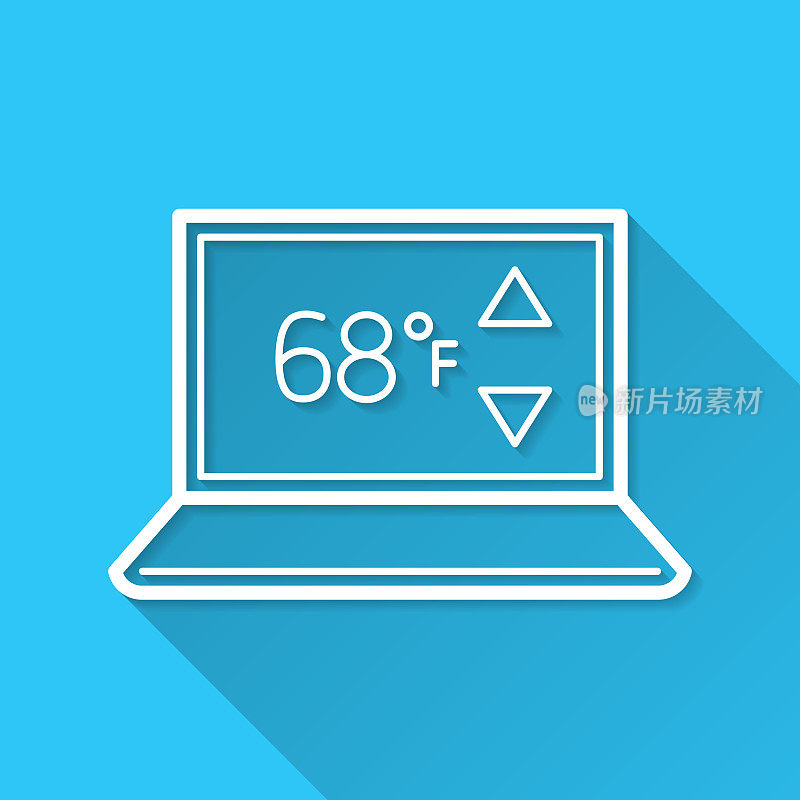带加热控制的笔记本电脑。图标在蓝色背景-平面设计与长阴影