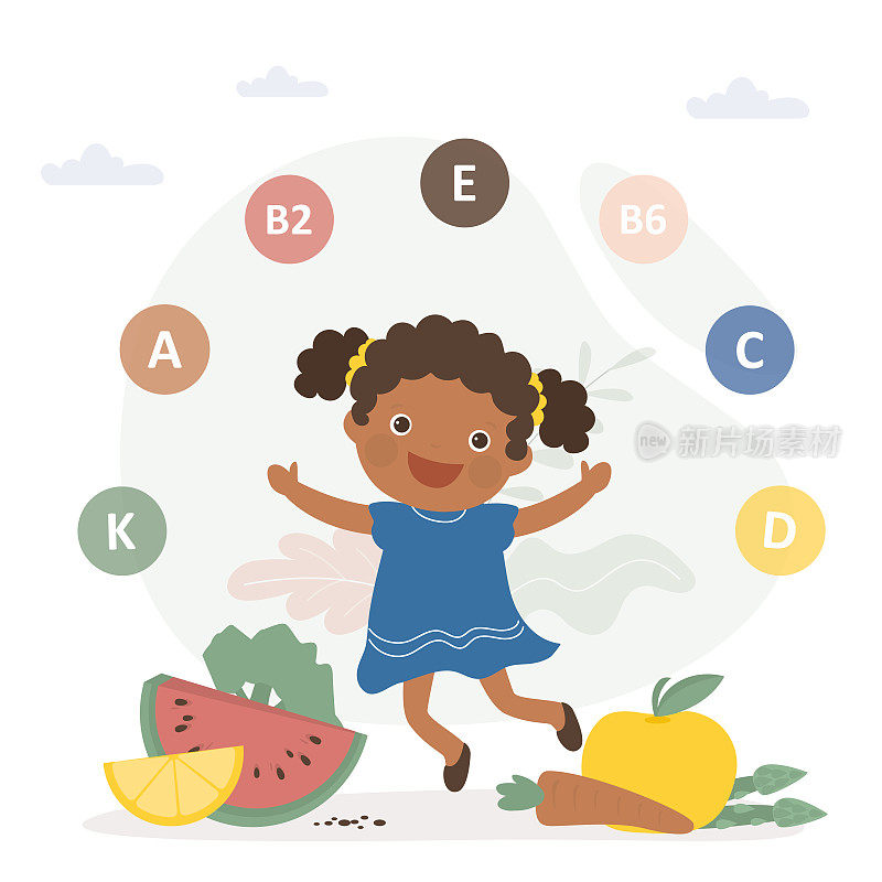快乐健康的孩子营养充足蔬菜和水果混合。含有多种有益维生素、营养物质的食物。绿色蔬菜营养。坚强的非裔美国女孩。