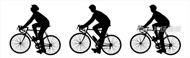 三个男人在骑自行车。骑自行车。自行车旅游。骑自行车的人排成一行。自行车比赛。骑自行车的那个人。侧视图，侧面。黑人男子的剪影孤立在白色背景上