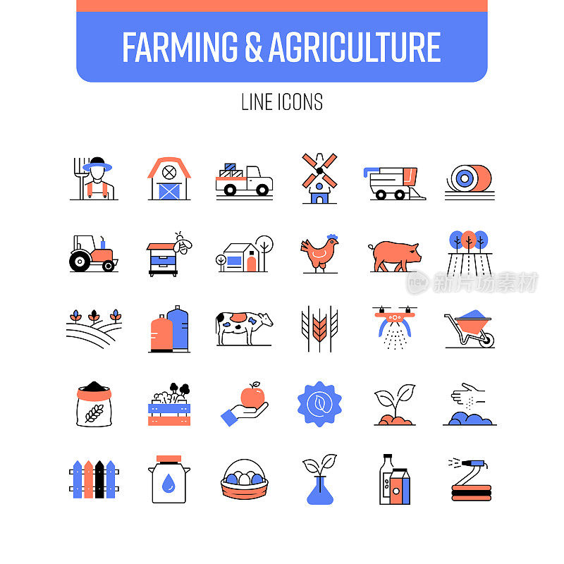 农业和农业线图标集。农民，牲畜，拖拉机，播种