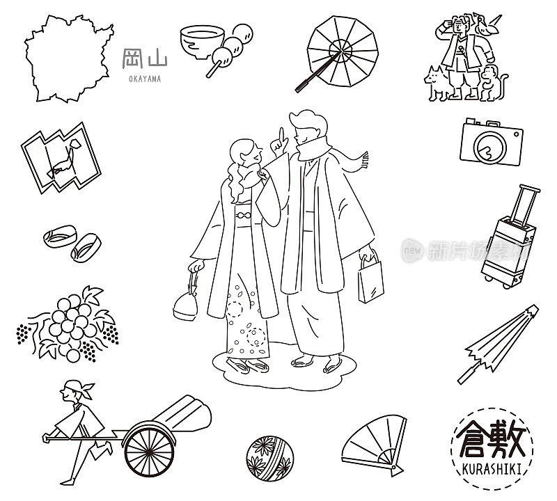 日本著名观光偶像冈山仓敷和和服情侣套装(线描(WB))