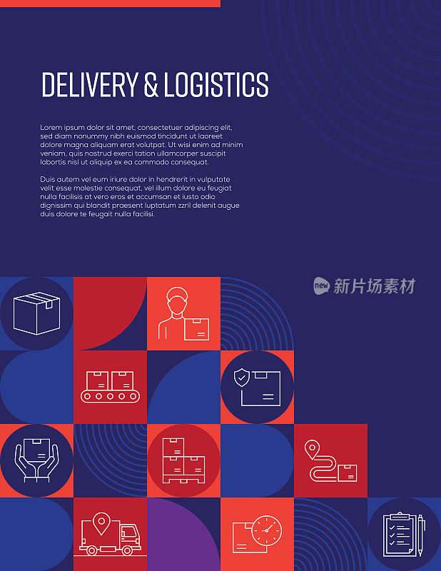 送货及物流相关设计与线路图标。简单的轮廓符号图标。