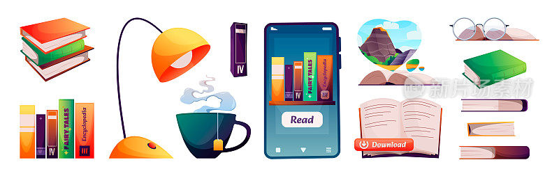 读书要素。图书馆家庭阅读和自我教育元素，移动图书阅读器app，一叠书配台灯和一杯茶。矢量卡通套装