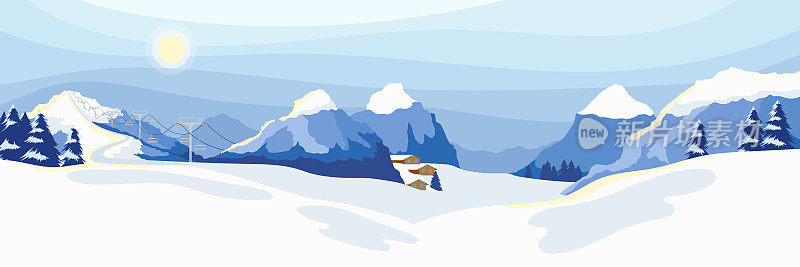 冬季山地景观，有雪峰和陡峭的山坡沿边缘。空旷的滑雪场，宽阔的斜坡。阳光从雪中反射出来。冒险全景背景。矢量图