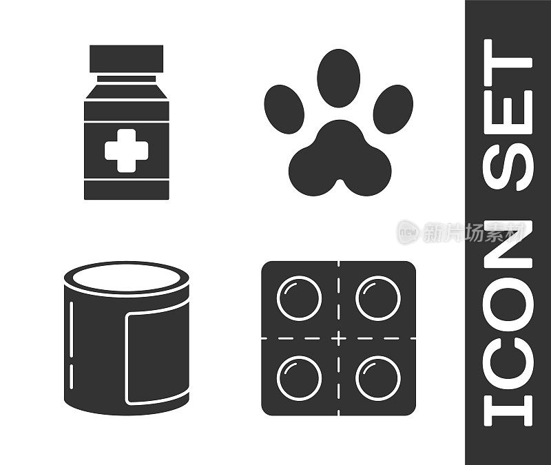 集狗和药丸，狗药瓶和药丸，罐头食品和爪印图标。向量
