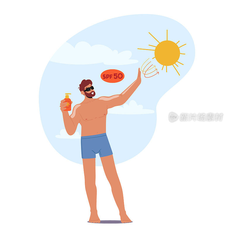 一名男子在沙滩上享受日光浴时涂抹防晒霜保护皮肤免受有害紫外线的伤害。男性确保皮肤安全