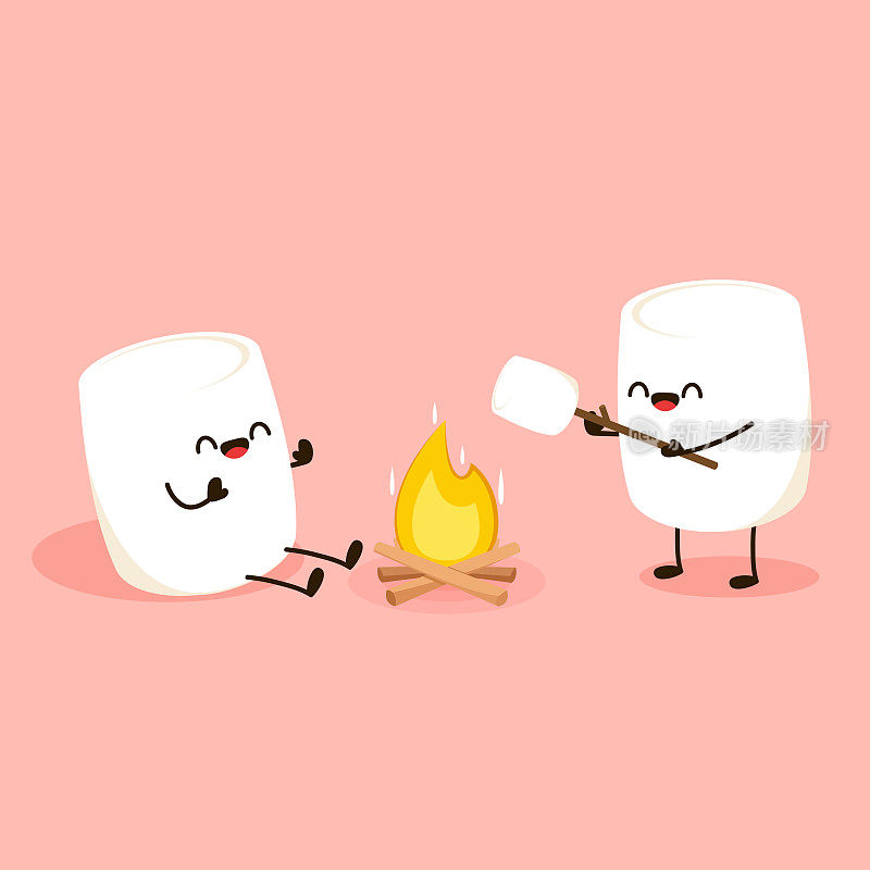 棉花糖的性格。棉花糖片串在森林篝火上烤。篝火向量。棉花糖卡通矢量。