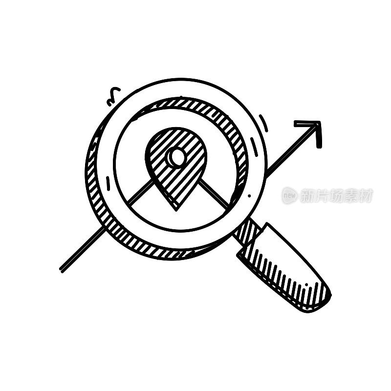 搜索位置线图标，草图设计，像素完美，可编辑笔画。标志、标志、符号。