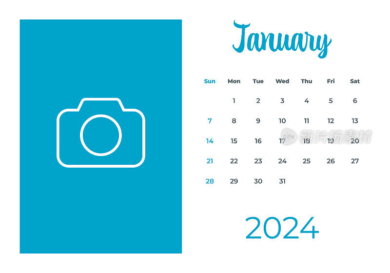 2024年1月-日历与照片或插图的地方。日历矢量模板为2024年。一周从周日开始