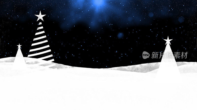 海军蓝斑点圣诞新年节日背景，有两棵小的白色三角形树和一棵顶部有星星的条纹树，底部边缘是雪的褶边或边框，星星和闪闪发光的雪背景与光束