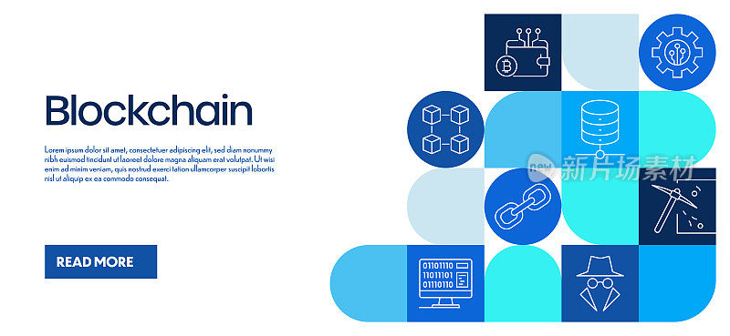 区块链线图标相关设计。简单轮廓符号图标。技术，比特币，连接，未来主义，数据库，虚拟现实