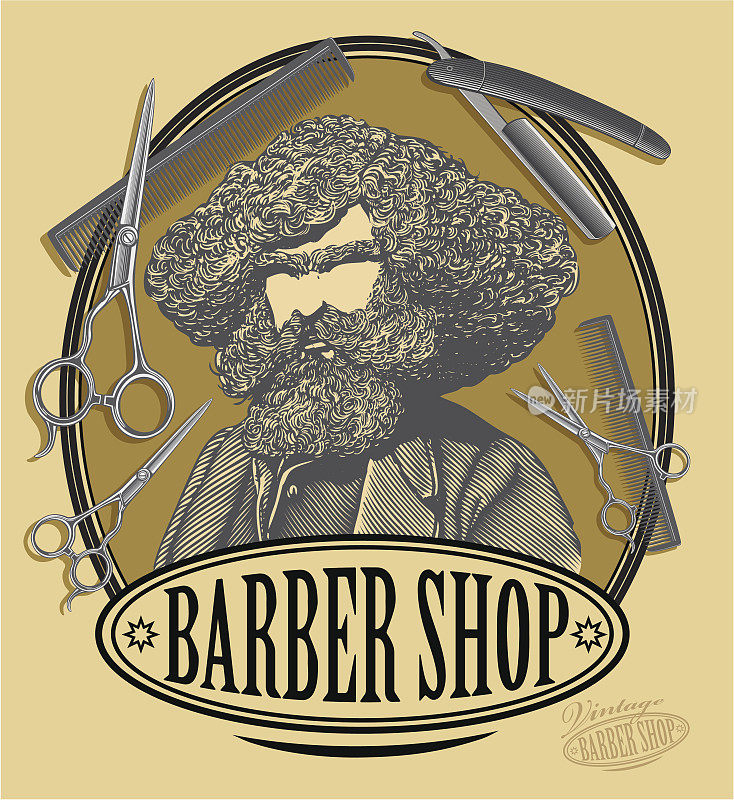 老式理发店招牌上有大胡子，剪刀，剃刀