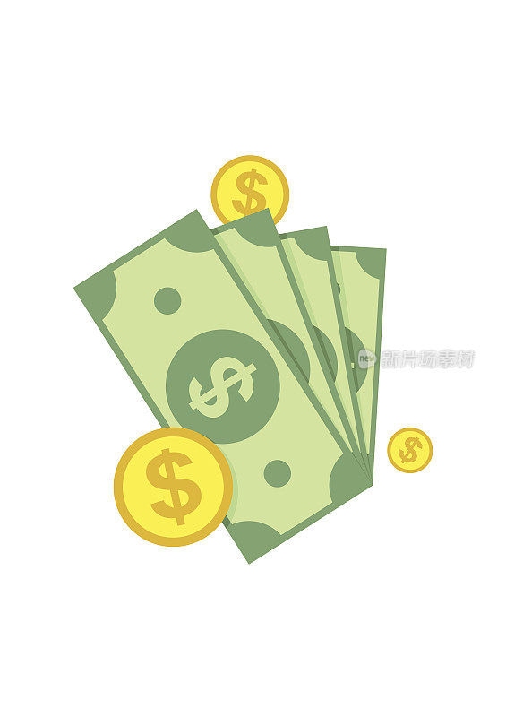 现金，绿色美元，硬币图标孤立在白色背景。钱