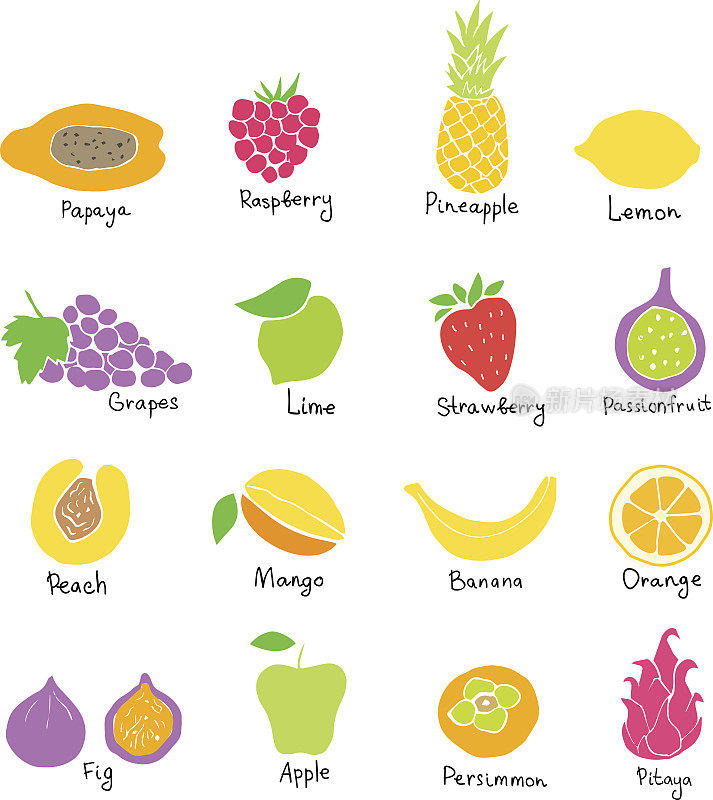 矢量集手绘水果和浆果图标。