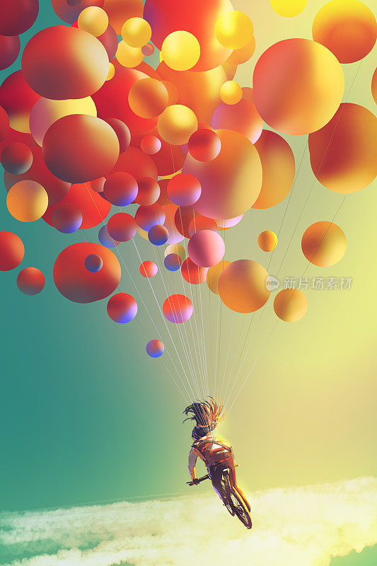 女人骑着五颜六色的气球在天空中骑行