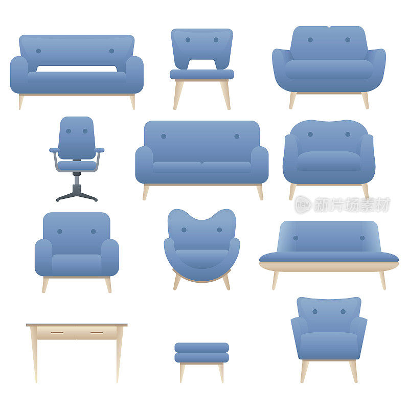 图标一套现代家具椅子，扶手椅和沙发。家庭室内设计。