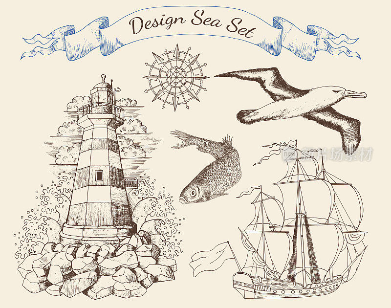 海面上布满灯塔、鱼、船和海鸥