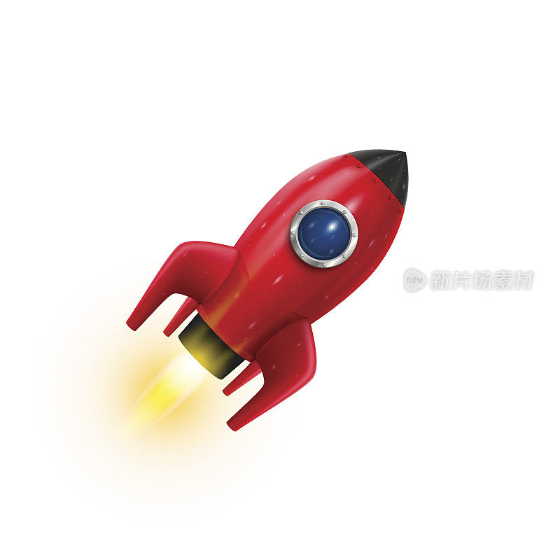 火箭红色图标3d，现实对象白色背景，矢量插图