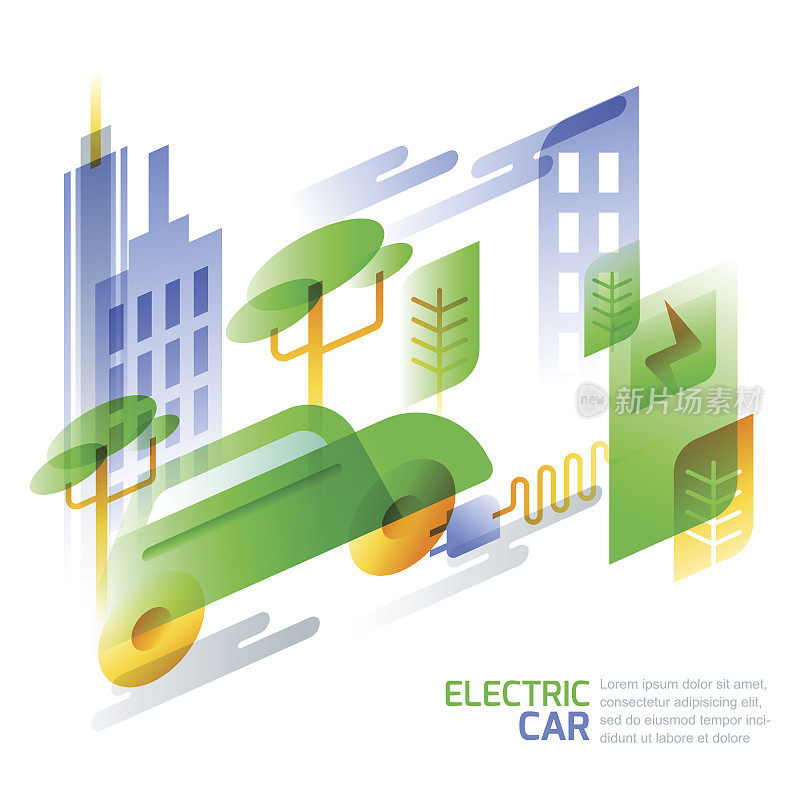 生态运输，电动汽车，电动运动和旅行的概念。电动汽车在充电站。