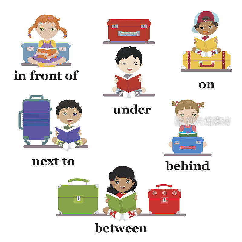 学前运动介词。教育工作表。不同国籍和种族的孩子用手提箱阅读书籍和解释介词