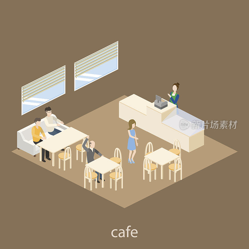 咖啡店咖啡厅内部的等距横幅在咖啡色与咖啡师和服务员服务游客等距矢量插图