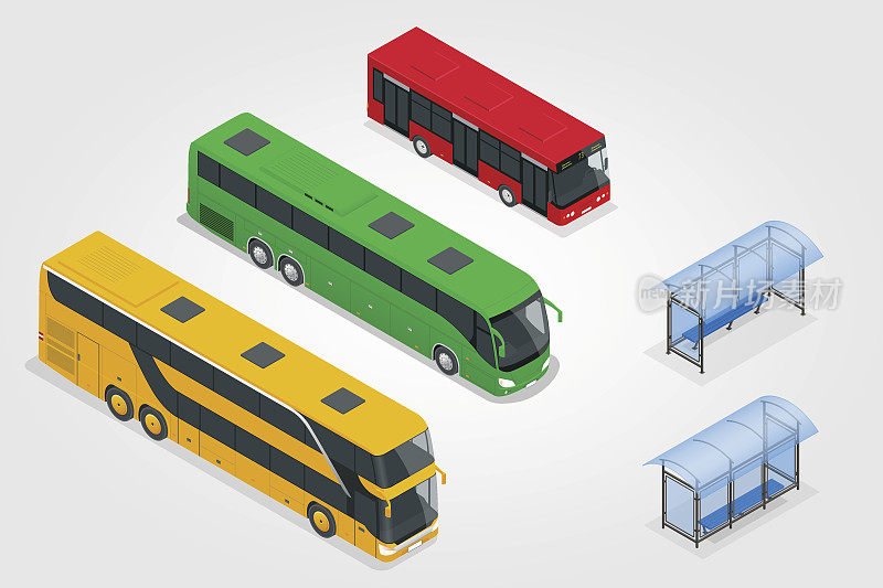 等距双层巴士、城市公共巴士及巴士站，以空白面为您的创意设计。设计用来运载许多乘客的道路车辆。