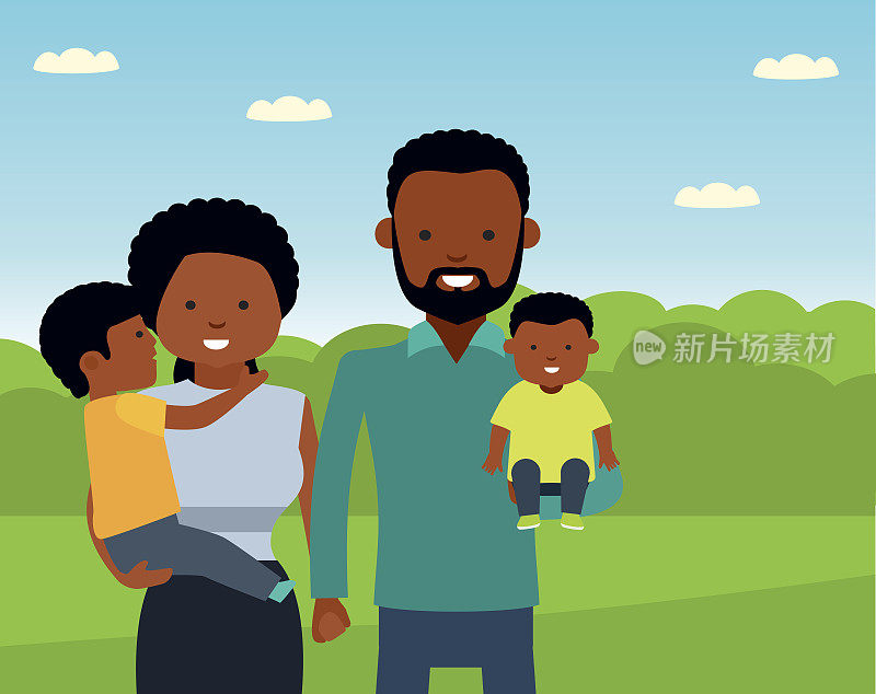 公园里快乐的非洲家庭。非洲裔美国人家庭。