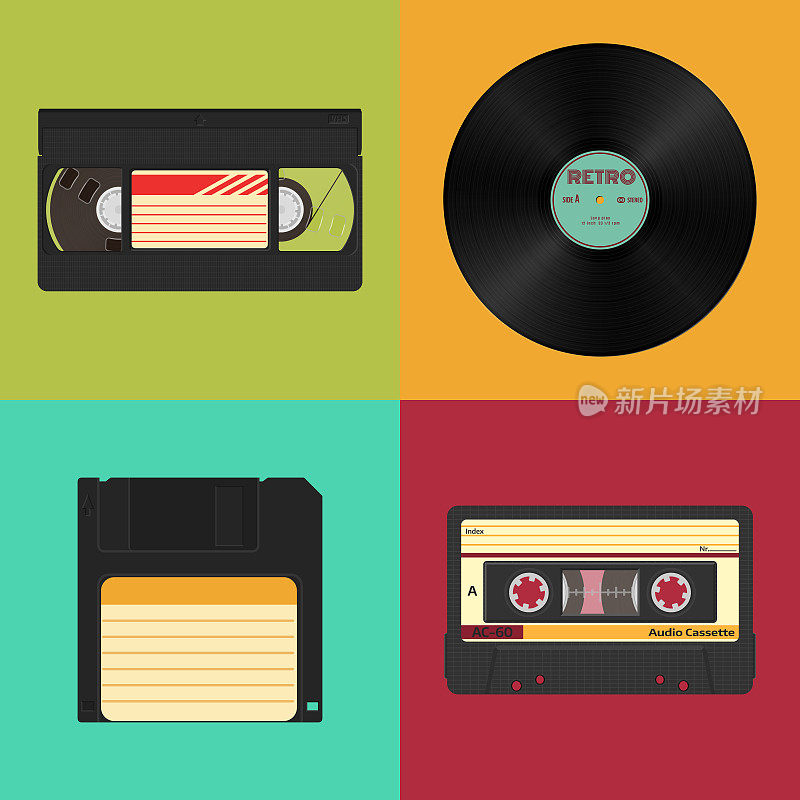 集复古音频，视频和数据存储。音像磁带、黑胶唱片及软盘。