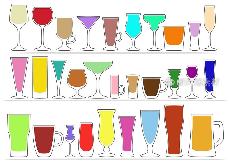 收集图标的眼镜与彩色饮料。矢量图