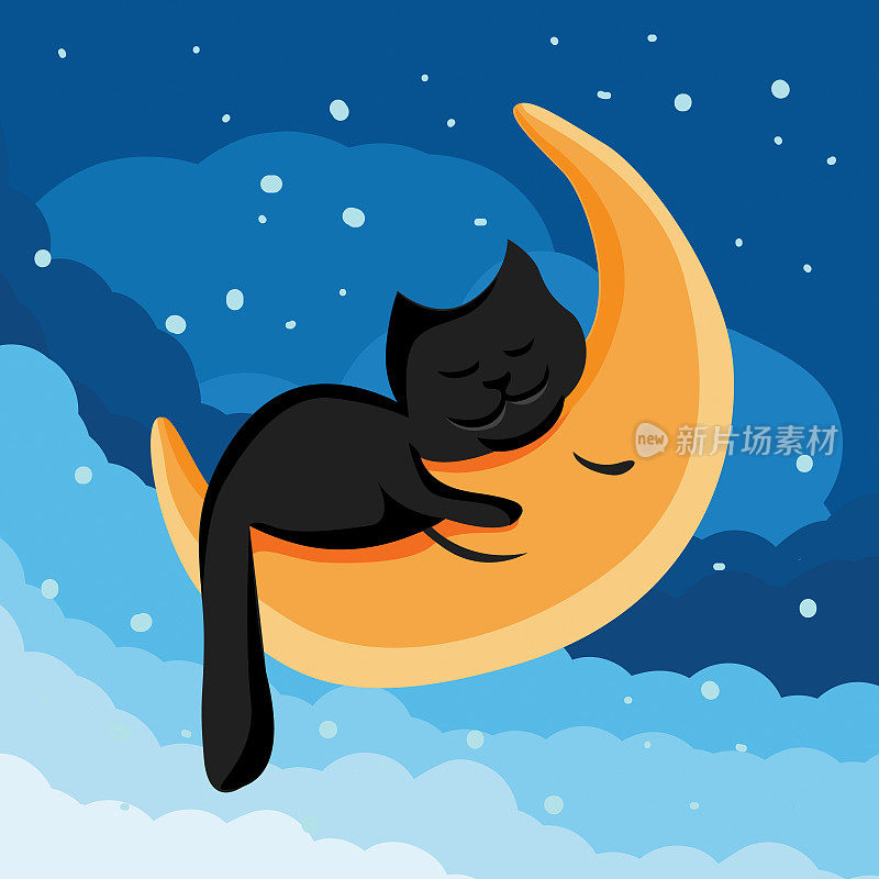 矢量卡通插图的黑色睡觉的猫抱着月亮在夜空。有月亮和星星的晴朗多云之夜。