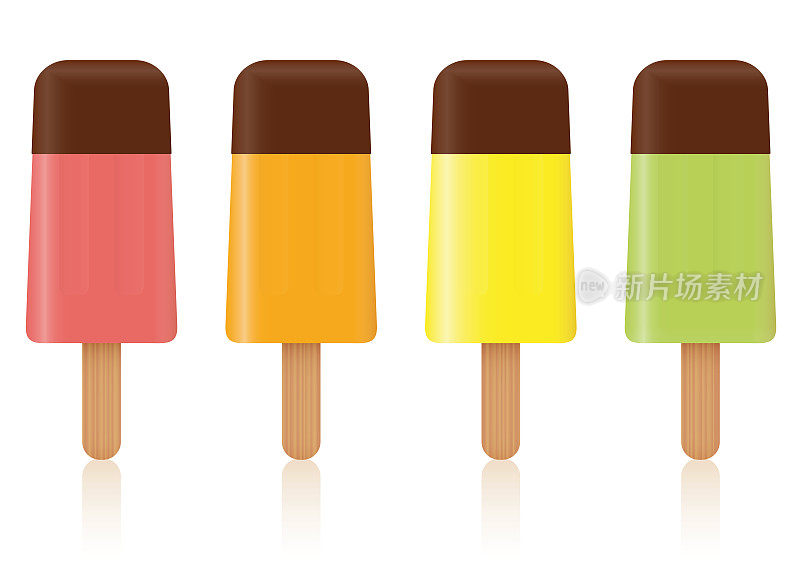 冰棒棒糖-颜色的水果冰淇淋棒棒糖与巧克力釉浇头-四冰冻冰棍-孤立的矢量插图在白色的背景。