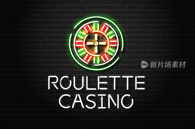 矢量现实孤立的霓虹灯轮盘赌场装饰和覆盖在墙壁背景。赌场和赌博的概念。