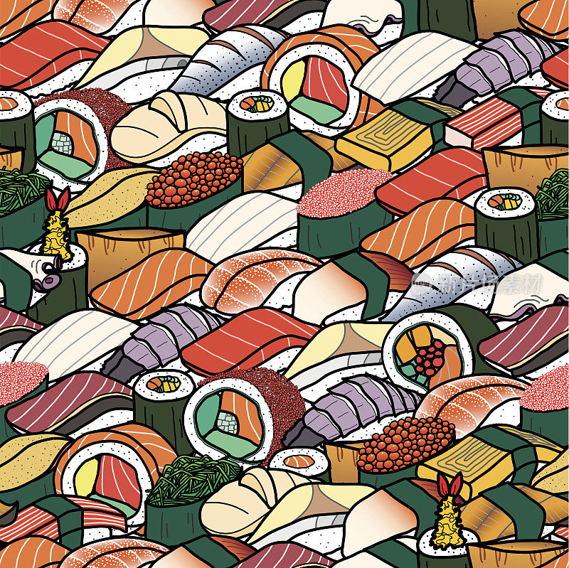 丰富多彩的寿司和寿司卷。可爱的日本美食手绘风格。无缝模式