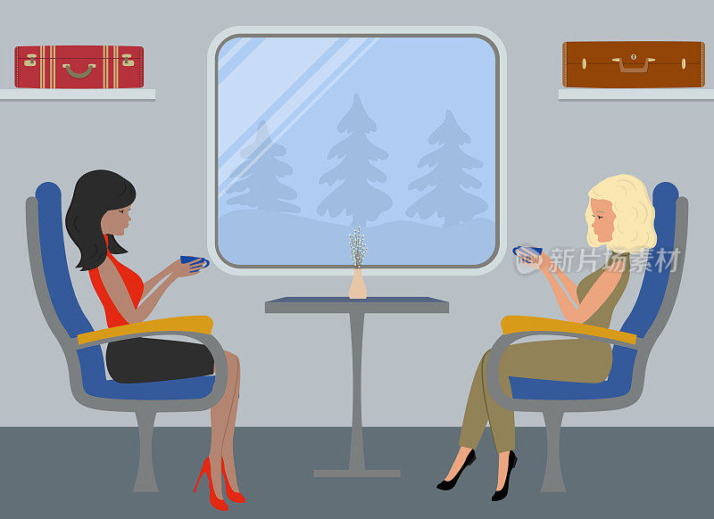 乘客在火车车厢里。年轻女子坐在蓝色扶手椅上，在窗户的背景上喝着咖啡